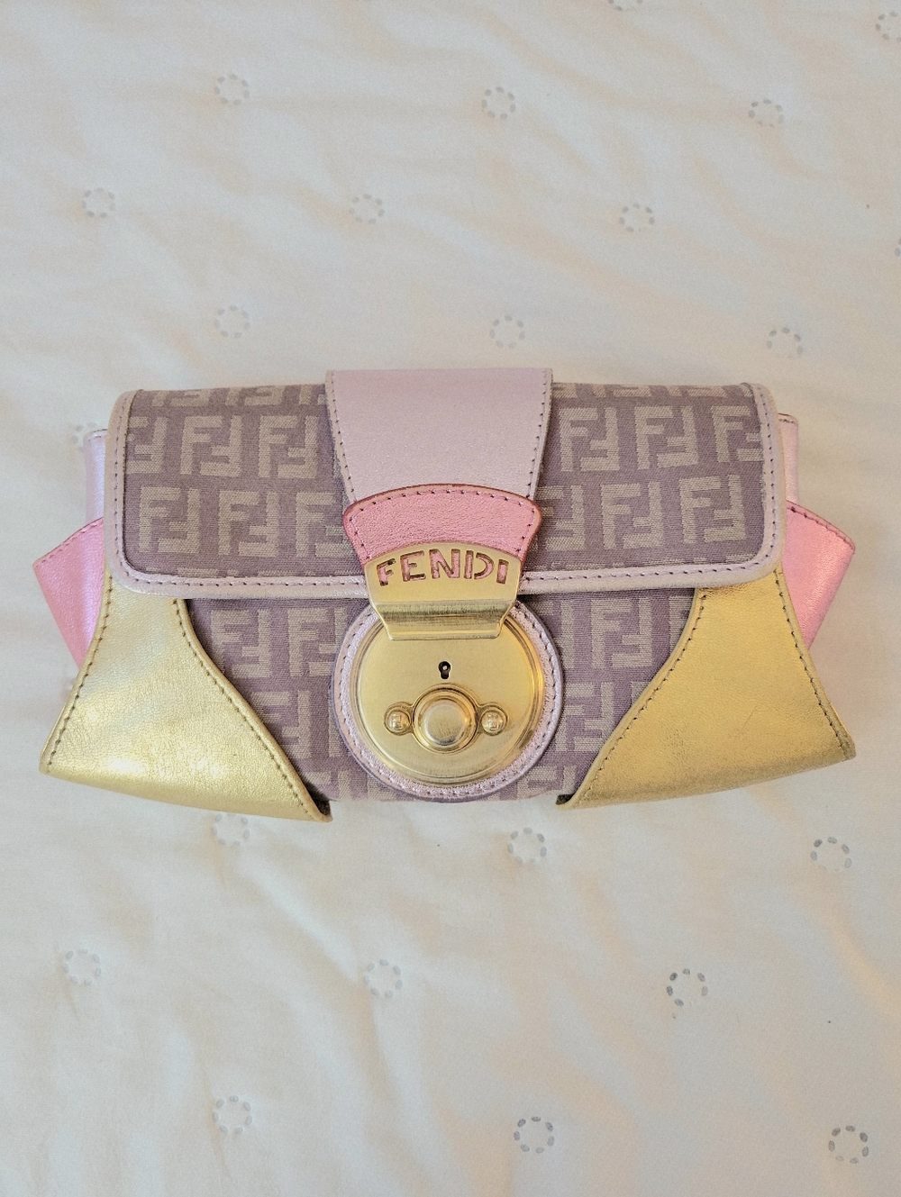Fendi Vintage 2004 Zucchino Canvas Compilation Bag - Pink & Gold Metallic Borsa